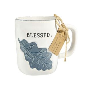 🎉HP🎉 NEW Rae Dunn BLESSED Mug with Blue/Gray Leaf and Rim